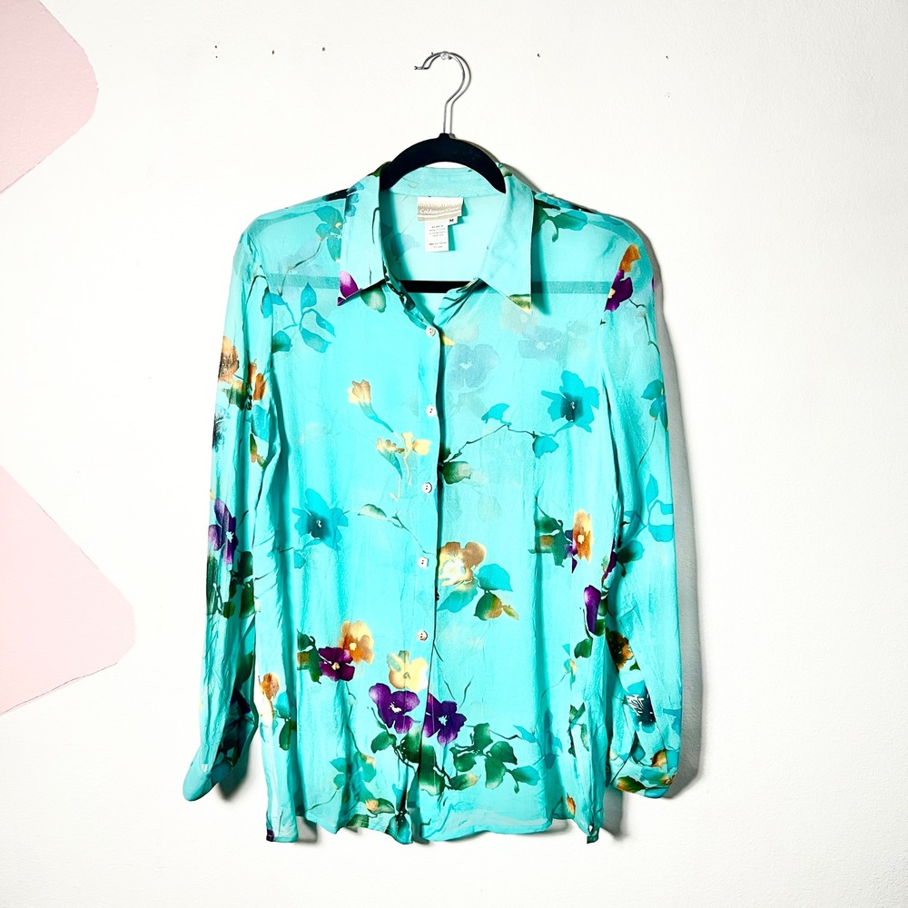 Vintage 100% Silk Button Shirt Sz Medium Turquoise Floral 2000s Y2K
